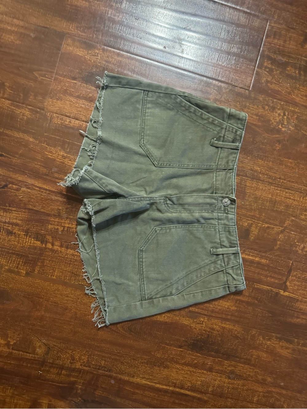 PAIGE Olive Green Frayed Hem Denim Shorts